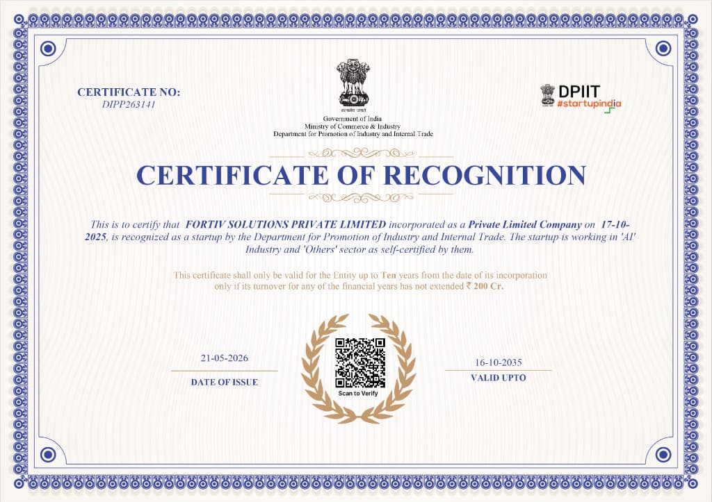 DPIIT Startup India Certificate of Recognition for Fortiv Solutions Private Limited