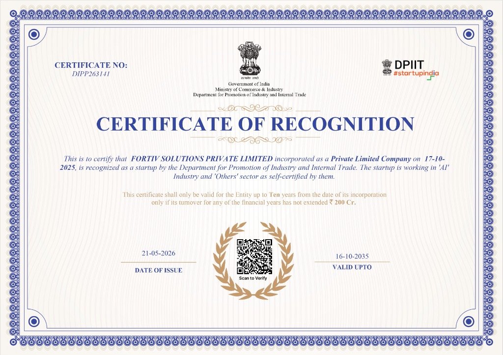 DPIIT Startup India Certificate of Recognition for Fortiv Solutions Private Limited