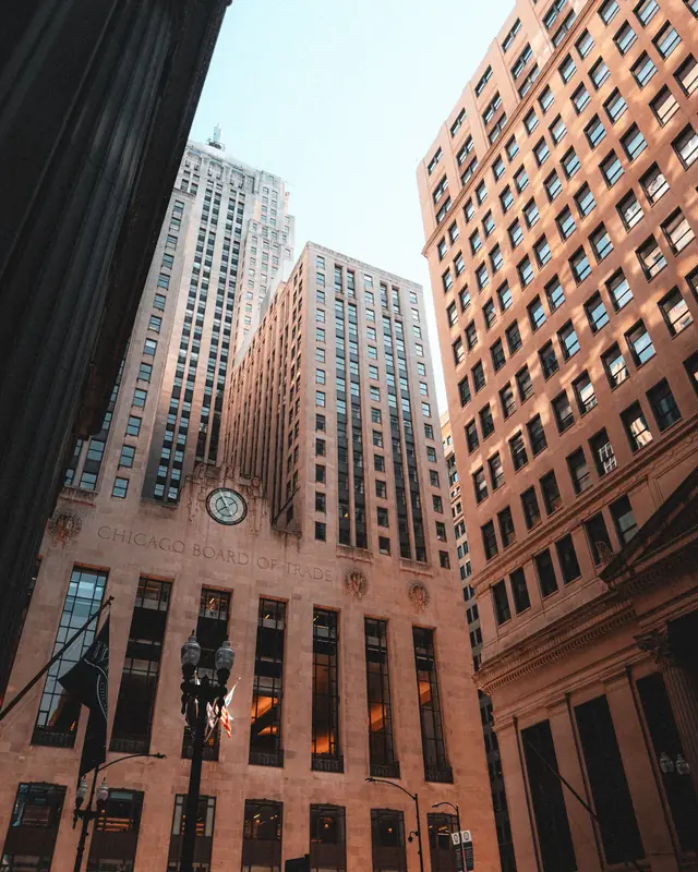 Low-angle view of office towers in a financial district
