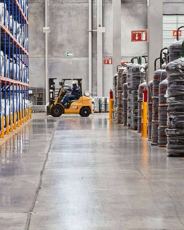Warehouse aisle with racked stock and a forklift
